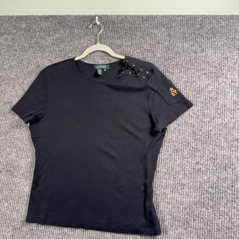 Lauren Ralph Lauren Black Ribbed Tee Equestrian Crest Lace Up Top L Old Money